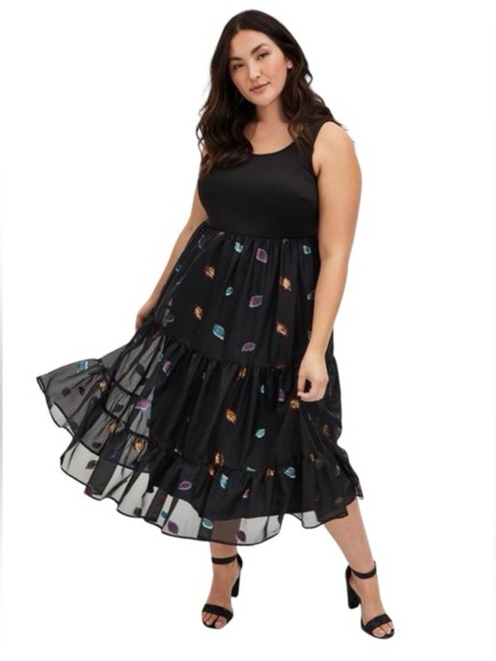 Torrid Black Multicolor Feather Tulle & Scuba Tiered Tea Length Dress, Size 3x
